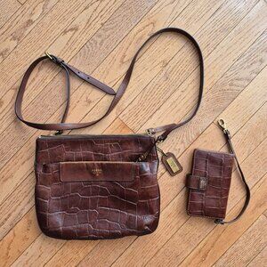 FOSSIL Brown Cowhide Leather Croc Embossed Crossbody Bag and Wallet